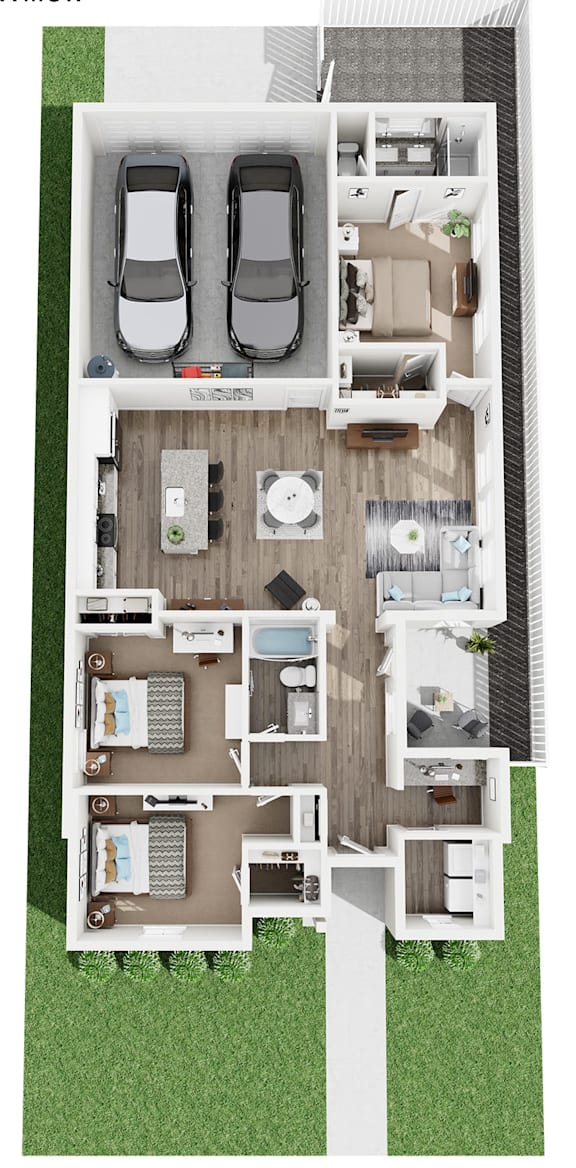 A floor plan of a house with two bedrooms and two bathrooms.