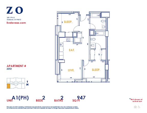 A blueprint of apartment 2202 with a living room, two bedrooms, two bathrooms, and a kitchen.