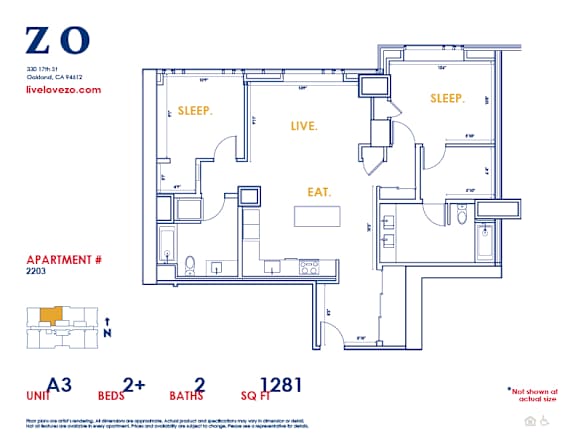 A floor plan for an apartment with a living room, two bedrooms, a bathroom, and a kitchen.