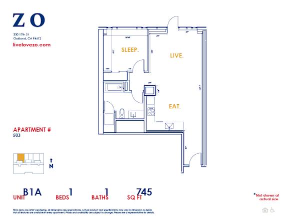 A floor plan of apartment #503 with a sleeping area, a living area, and a kitchen.
