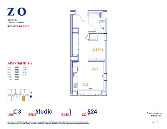 A floor plan of an apartment with a studio, bed, and bath.