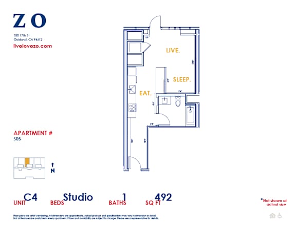 Floor Plan  A blueprint of apartment 505 with a living room, bedroom, and bathroom.