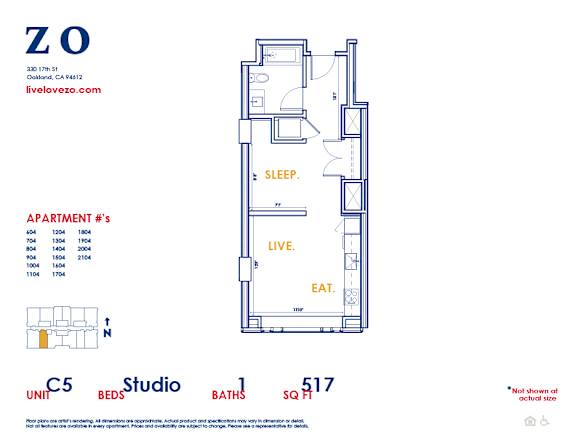 A floor plan of a studio apartment with a sleeping area, living area, and kitchen.