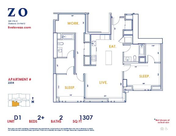 A floor plan of apartment 2204 with a living room, two bedrooms, a bathroom, and a kitchen.