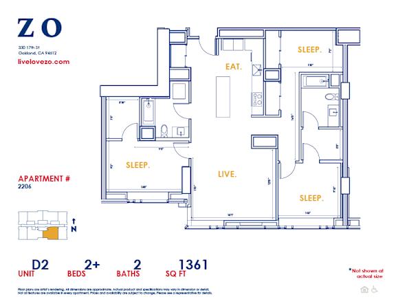 A floor plan of apartment #2206 with 2+ beds, 2 baths and 1361 square feet.