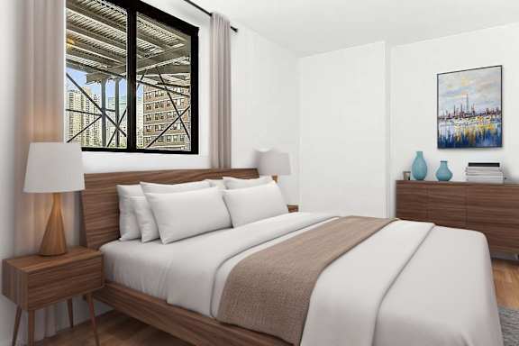 A bedroom with a large bed and a painting on the wall.