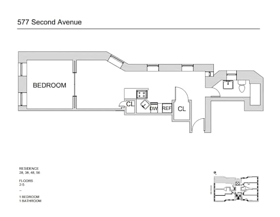 A floor plan for a residence at 577 Second Avenue, showing a bedroom, two bathrooms, and a kitchen with a dining area.