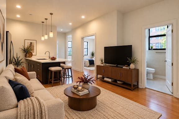 A living room with a couch, a coffee table, and a television.