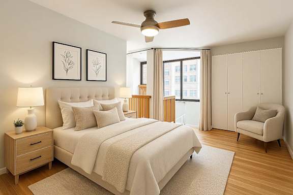 Floor Plan  A bedroom with a large bed, a chair, and a ceiling fan.