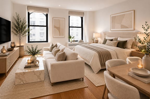 A well-lit, modern studio apartment with a large bed, a couch, and a TV.