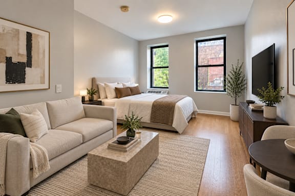 A living room with a couch, a coffee table, and a television.