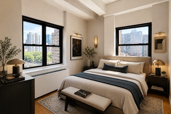 A bedroom with a large bed and a view of the city.