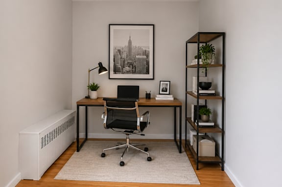 A black and white photo of a city skyline hangs on the wall above a desk with a computer and chair.
