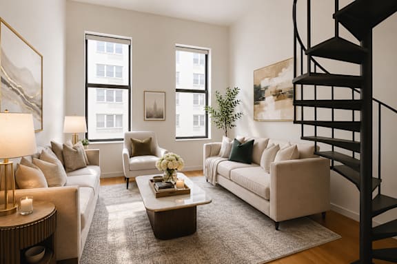A living room with a spiral staircase and a large window.