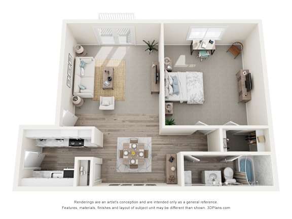 A 3D floor plan of a small apartment with a kitchen, living room, and bathroom.