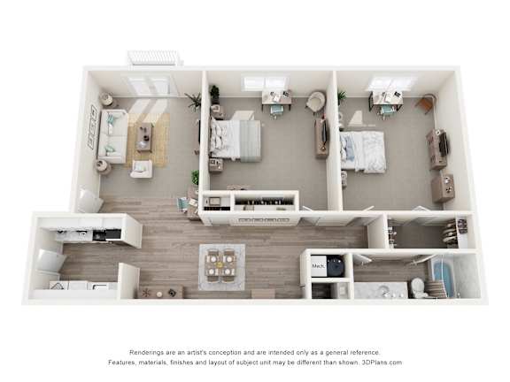 A 3D floor plan of a house with multiple rooms and furniture.