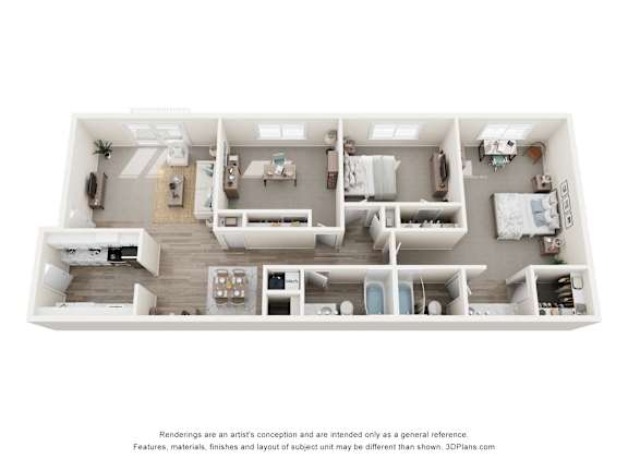A 3D floor plan of a house with a kitchen, living room, and bathrooms.