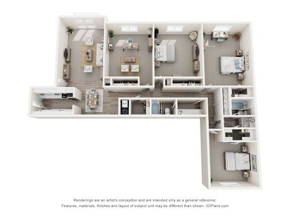 A 3D floor plan of a house with a kitchen, living room, and bathroom.