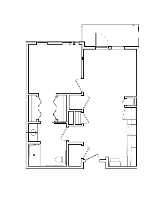 A black and white drawing of a floor plan with multiple rooms and sections.