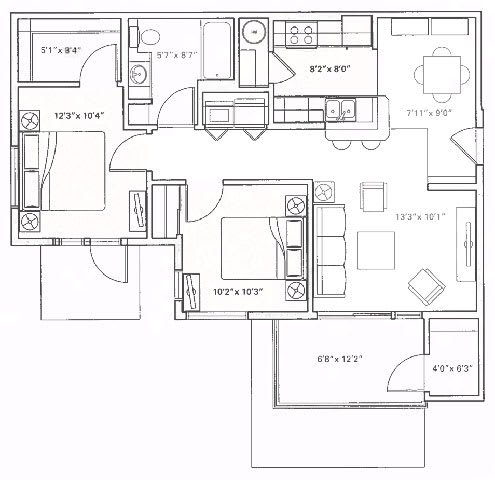 a floor plan of a small house with bedrooms and a living room Mullan Reserve Apartments, Missoula, MT