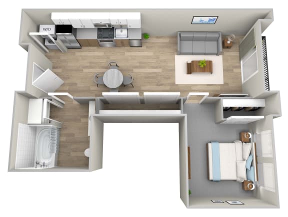 bedroom floor plan an in 3d  at Napoleon Apartments, Tacoma, WA 98402