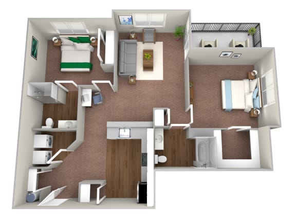 this is a 3d floor plan of a 824 square foot 1 bedroom apartment at the