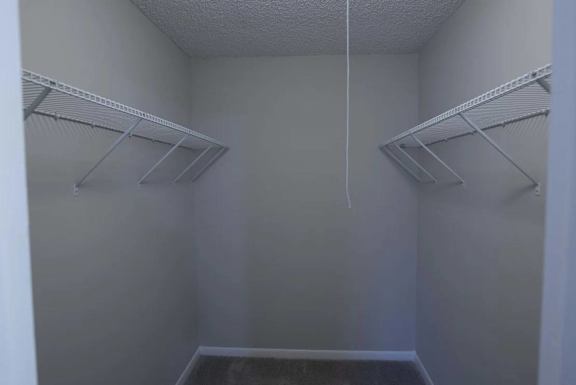 Empty walk-in closet with white shelves and a white ceiling.