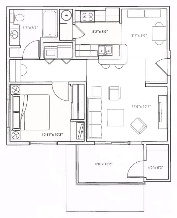 floorplan of 1 bedroom Mullan Reserve Apartments, Missoula, MT 59808