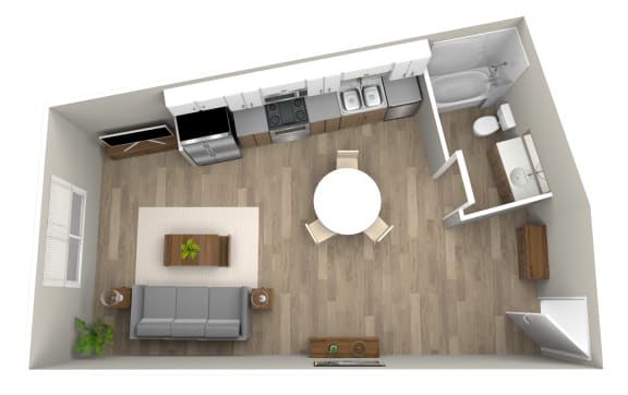 a floor plan of a one bedroom apartment with a dining room table and chairs, a kitchen at Jefferson Yards, Tacoma Washington