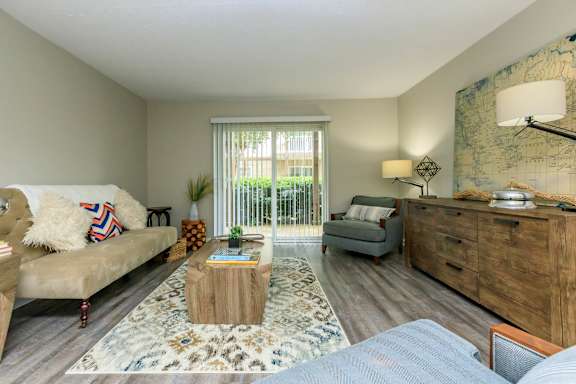 A living room with a couch, a chair, a coffee table, and a rug.