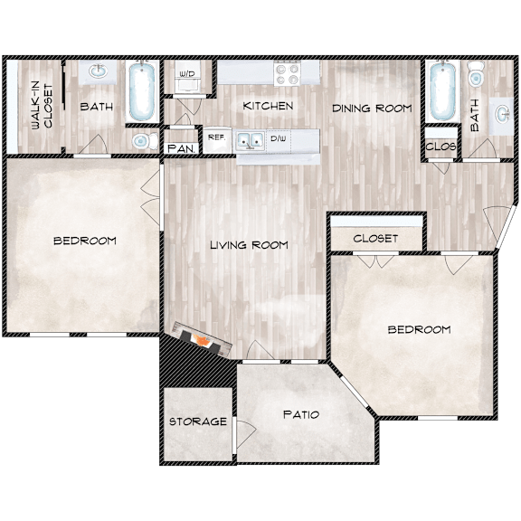 2 Bedroom 2 Bathroom Floor Plan at The Davis Apartments, Huntsville Alabama