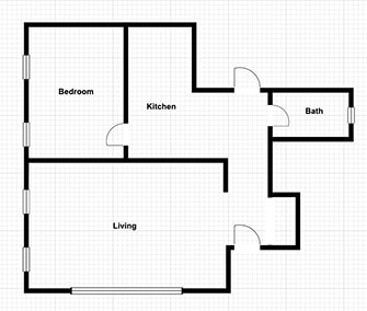 A floor plan of a house with a bedroom, kitchen, bath, and living room.