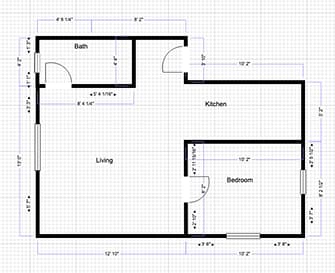 A floor plan of a house with a living room, kitchen, bedroom and bathroom.