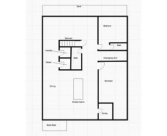 A floor plan of a house with a deck, laundry area, bathroom, and kitchen.