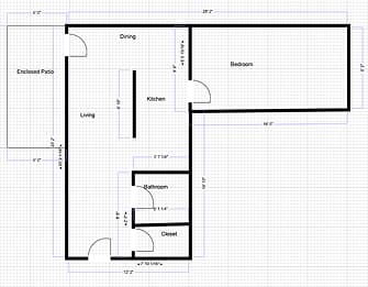 A floor plan of a house with a living room, dining room, kitchen, bedroom, bathroom, and closet.