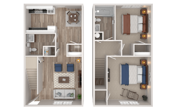 A top-down view of a small apartment layout with two bedrooms, a living area, and a kitchen.