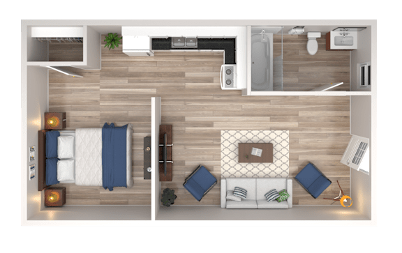 A top-down view of a modern living room with a couch, a coffee table, and a TV.