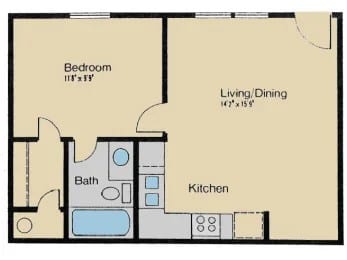 A floor plan of a small apartment with a bedroom, living/dining area, kitchen, and bathroom.