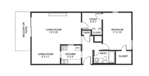 Floor Plan  One Bed One Bath 900 Square Feet at The Bridges at Foxridge, Kansas, 66202