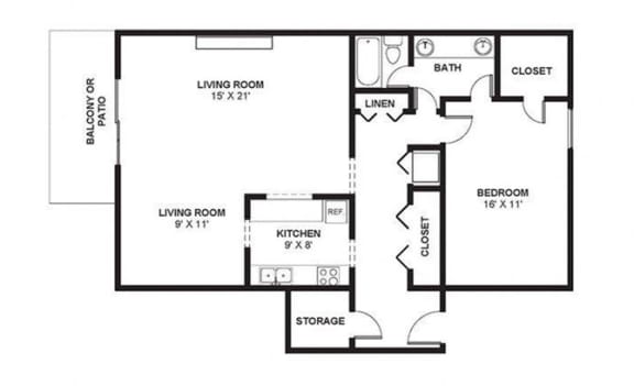Floor Plan  One Bed One Bath 1095 Square Feet at The Bridges at Foxridge, Mission, KS