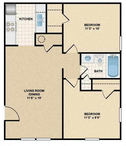 A floor plan of a home with a kitchen, living room, and two bedrooms.