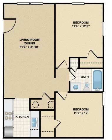 A floor plan of a home with two bedrooms, a living room, a kitchen, and a bathroom.