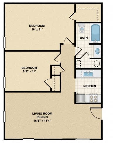 A floor plan of a small apartment with two bedrooms, a living room, and a kitchen.