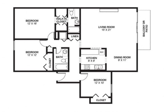 Floor Plan  Three Bed Two Bath 1335 Square Feet at The Bridges at Foxridge, Mission, KS, 66202