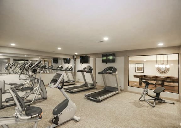 A spacious gym with treadmills, exercise bikes, and a television.