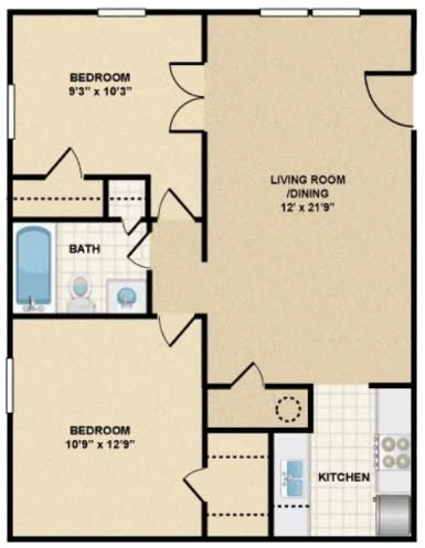 A floor plan of a home with a living room, two bedrooms, a bathroom, and a kitchen.