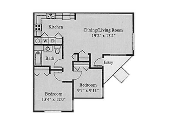 A floor plan of a home with a kitchen, dining/living room, bath, and two bedrooms.
