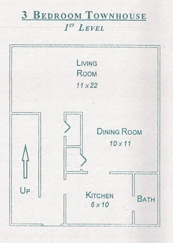 Two Story 3-bedroom townhouse - ground floor layout at Gatehouse Apartments, Kansas City, MO, Missouri