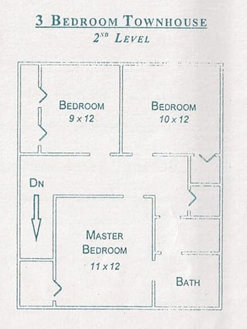 Layout of Top Floor of Three Bedroom Two Story Townhouse at Gatehouse Apartments, Kansas City, 64134