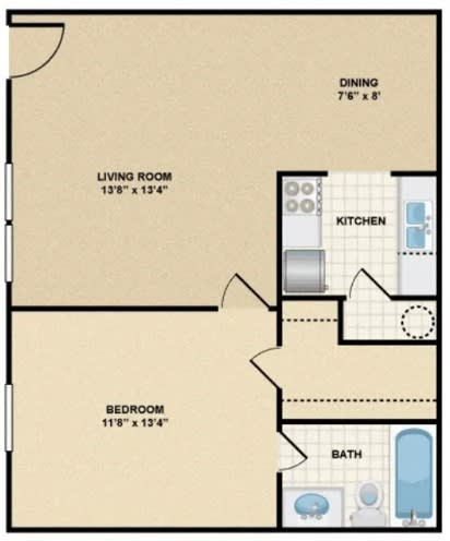 A floor plan of a small apartment with a living room, bedroom, kitchen, and bathroom.